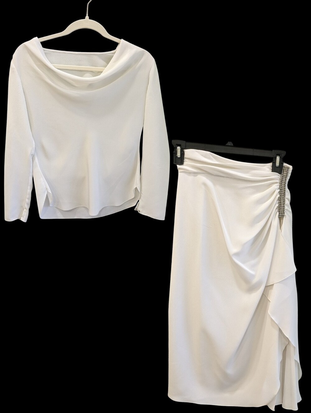 Vintage Manning Silver Skirt Top Set 4 Off White Draped Embellished 80s Cocktail